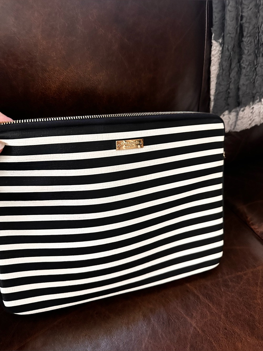 kate spade Black and White Horizontal Stripe computer pouch with Gold Plaque